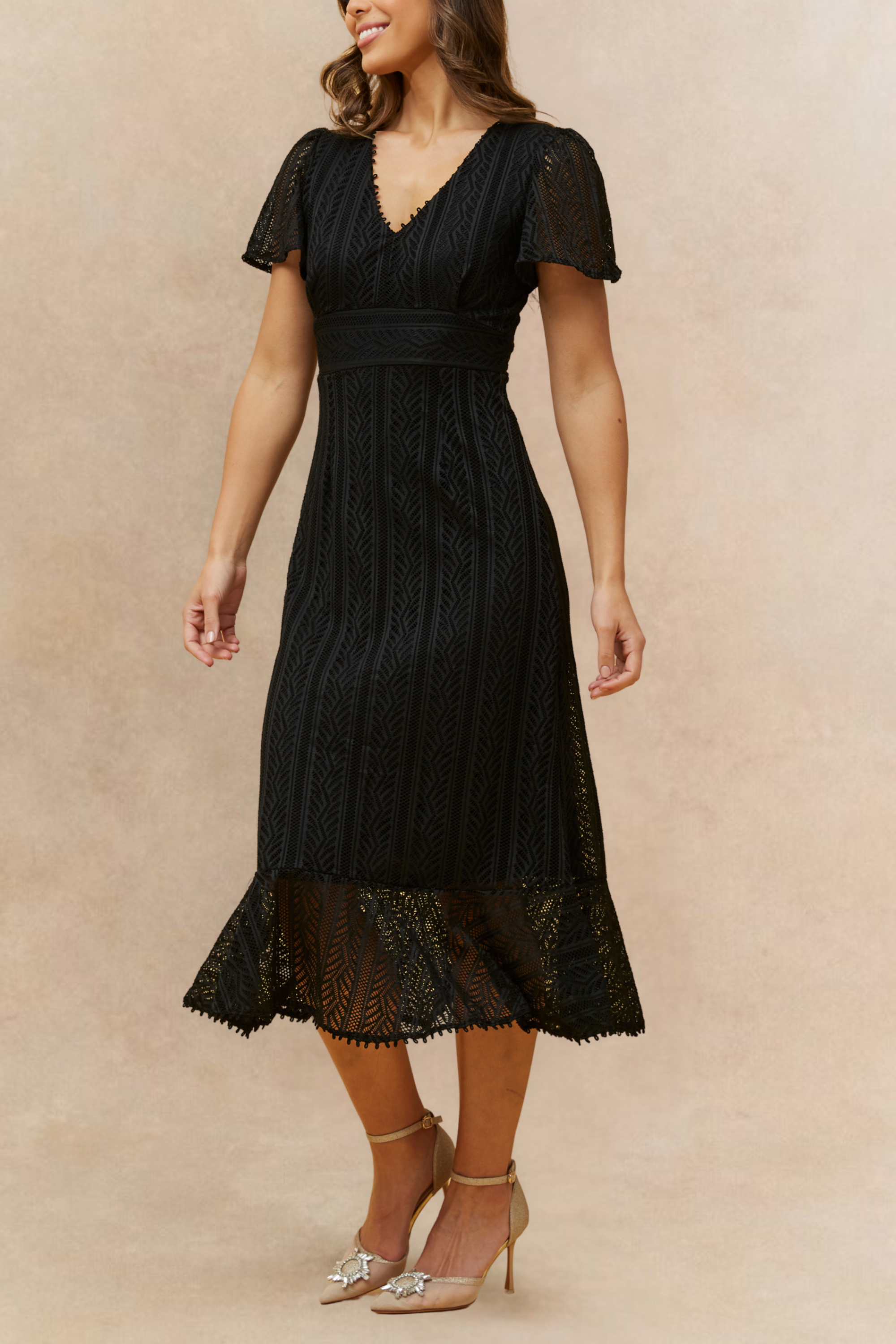 black lace crochet high neck midi dress Chlo Black Long Sleeve Studded Crochet Knit Midi dress