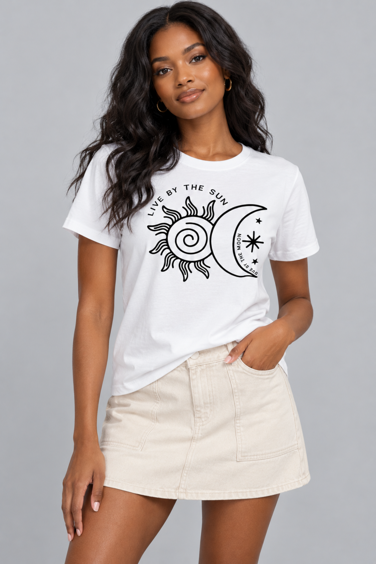 Basic white organic cotton T-shirt featuring a stylish sun and moon graphic print on the front.