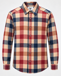 Beige plaid cotton men’s shirt featuring a classic check pattern and comfortable casual fit.