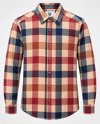 Beige plaid cotton men’s shirt featuring a classic check pattern and comfortable casual fit.