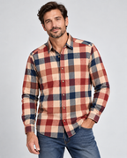 Beige plaid cotton men’s shirt featuring a classic check pattern and comfortable casual fit.