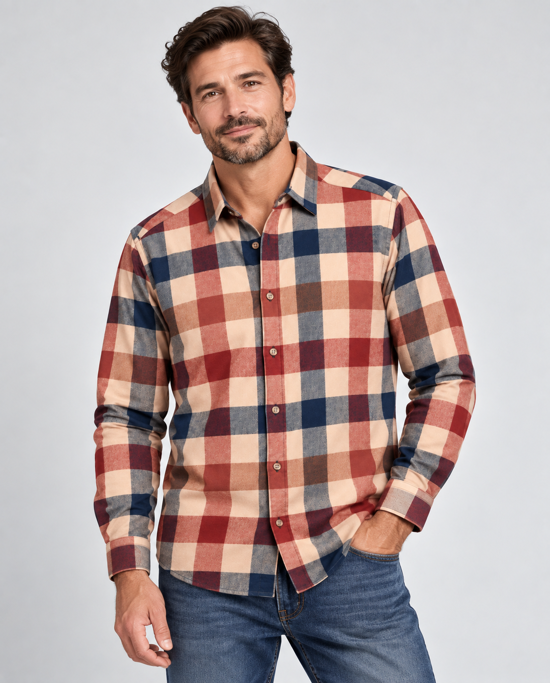 Beige plaid cotton men’s shirt featuring a classic check pattern and comfortable casual fit.