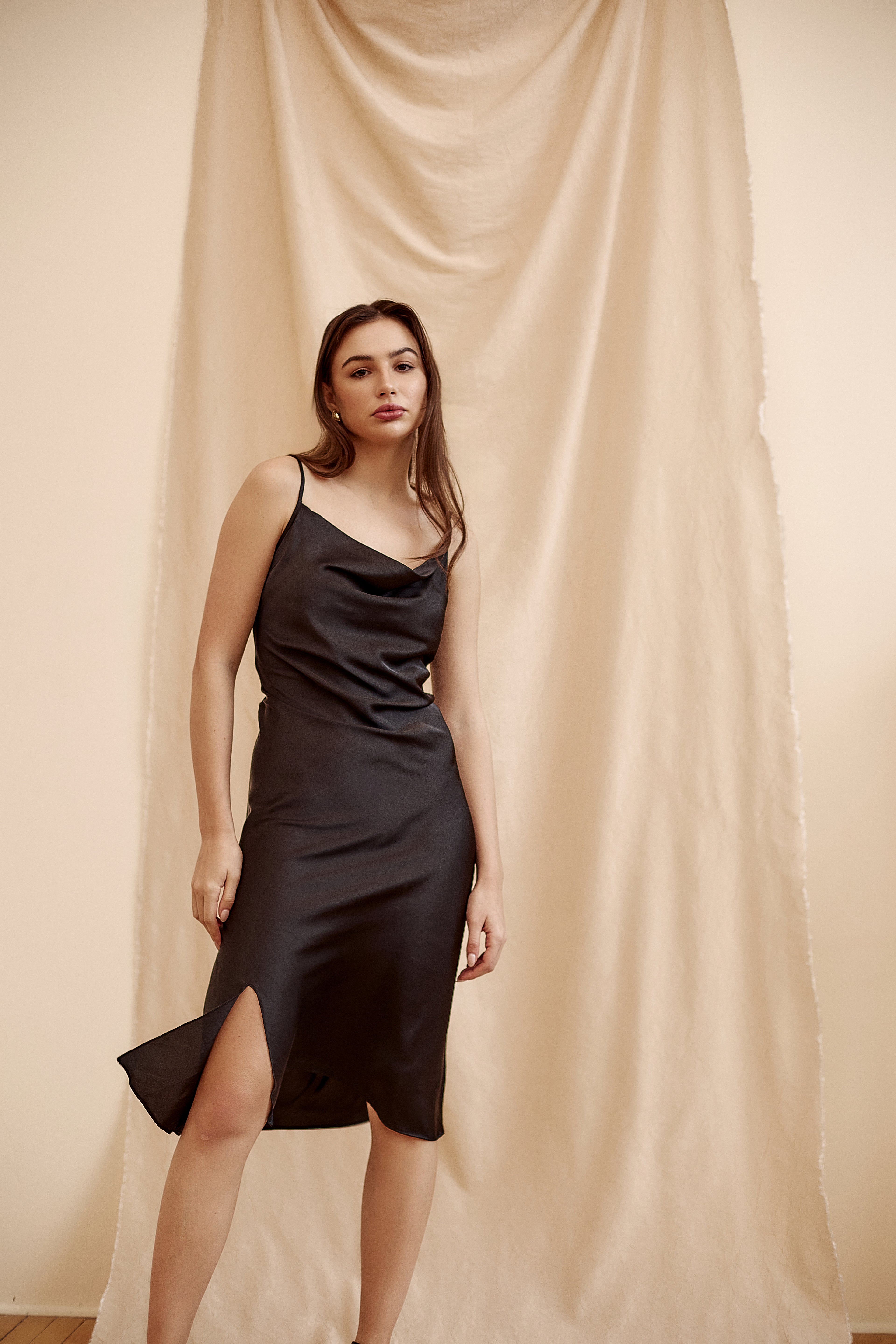 Woman wearing a dress Silk sateen dress 