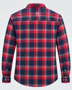 Blue plaid cotton men’s shirt featuring a classic check pattern and comfortable casual fit.