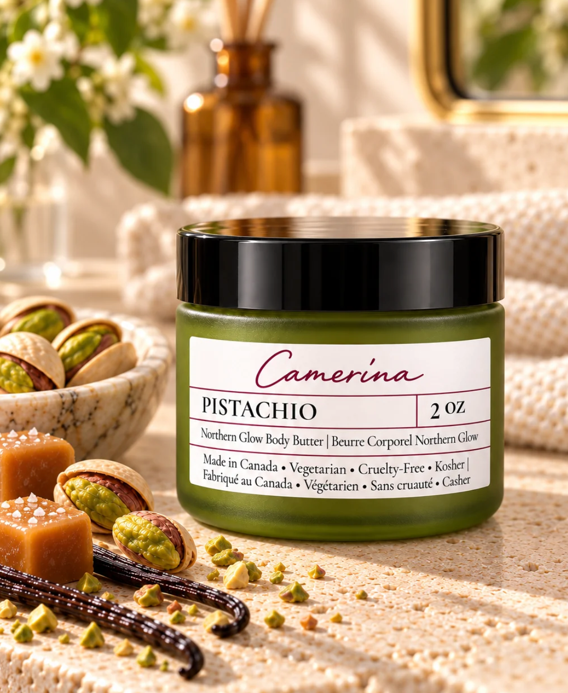 Camerina Pistachio Northern Glow Body Butter in a green jar, styled with pistachios, caramel, and vanilla for a warm skincare product display.