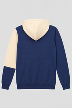 Back view of a navy and ivory colour-block hoodie with an ivory hood and sleeve panel, finished with navy ribbed cuffs and hem.