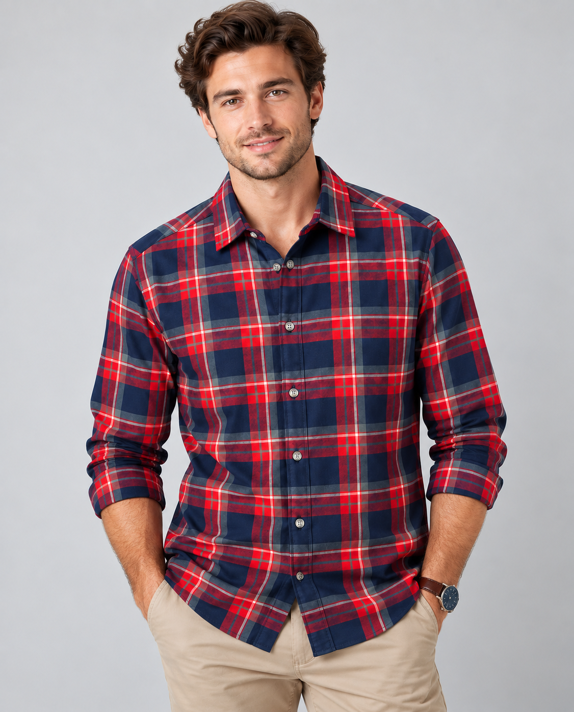 Blue plaid cotton men’s shirt featuring a classic check pattern and comfortable casual fit.