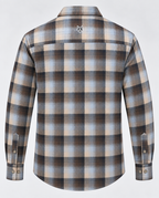 Grey plaid cotton men’s shirt featuring a classic check pattern and comfortable casual fit.