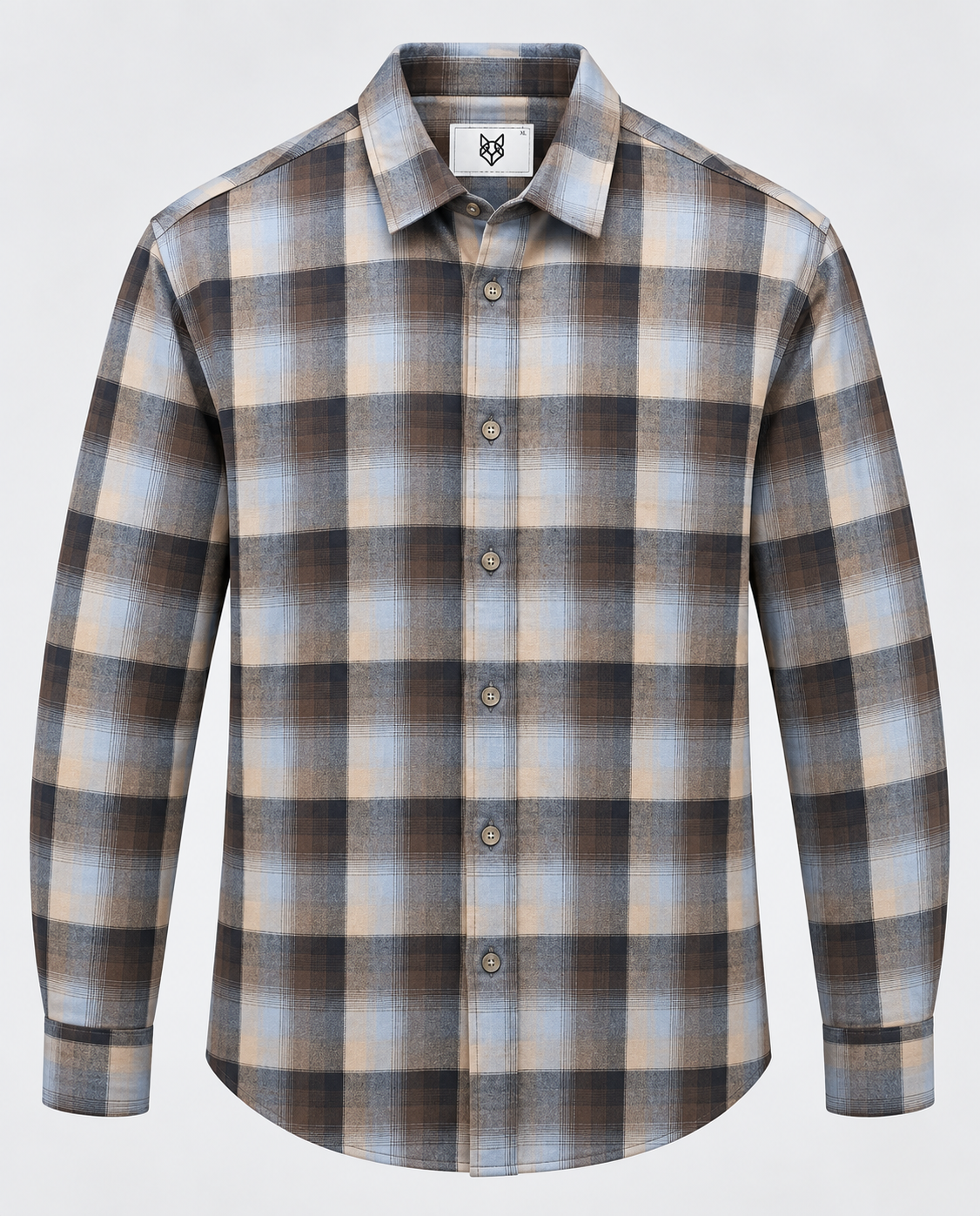 Grey plaid cotton men’s shirt featuring a classic check pattern and comfortable casual fit.