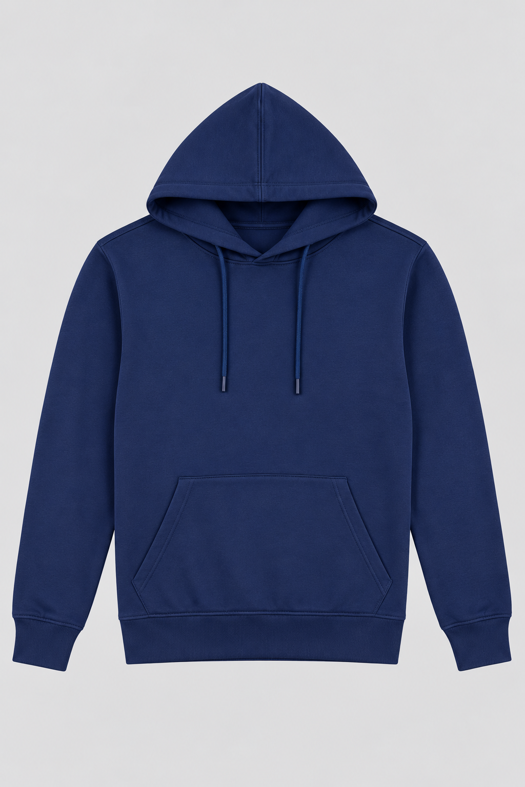 A dark blue pullover hoodie with matching drawstrings and a front kangaroo pocket, displayed against a solid light grey background.