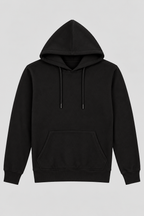 A classic black pullover hoodie with a front kangaroo pocket and matching black drawstrings, displayed on a neutral light gray background.