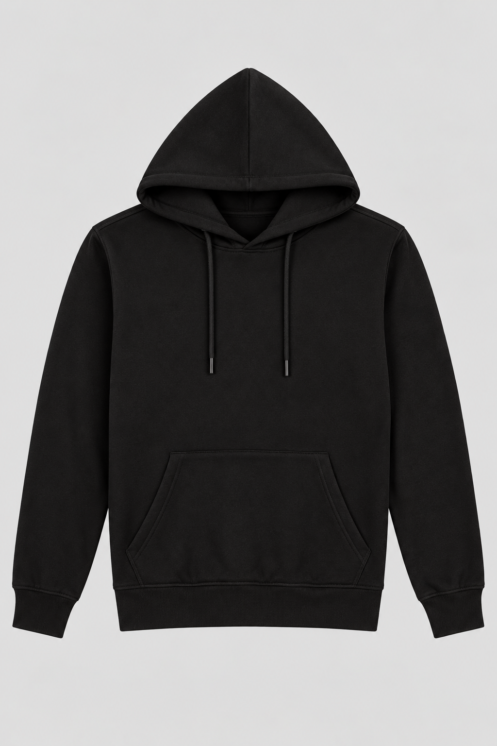 A classic black pullover hoodie with a front kangaroo pocket and matching black drawstrings, displayed on a neutral light gray background.