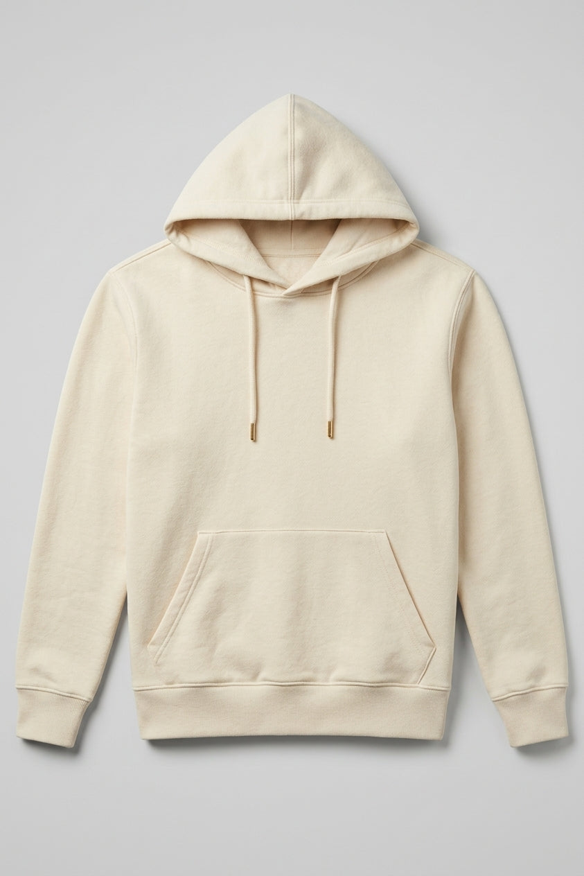 Ivory cotton hoodie with matching drawstrings and small gold-toned tips, displayed flat against a light grey background.