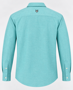 Teal cotton men’s shirt featuring a classic check pattern and comfortable casual fit.