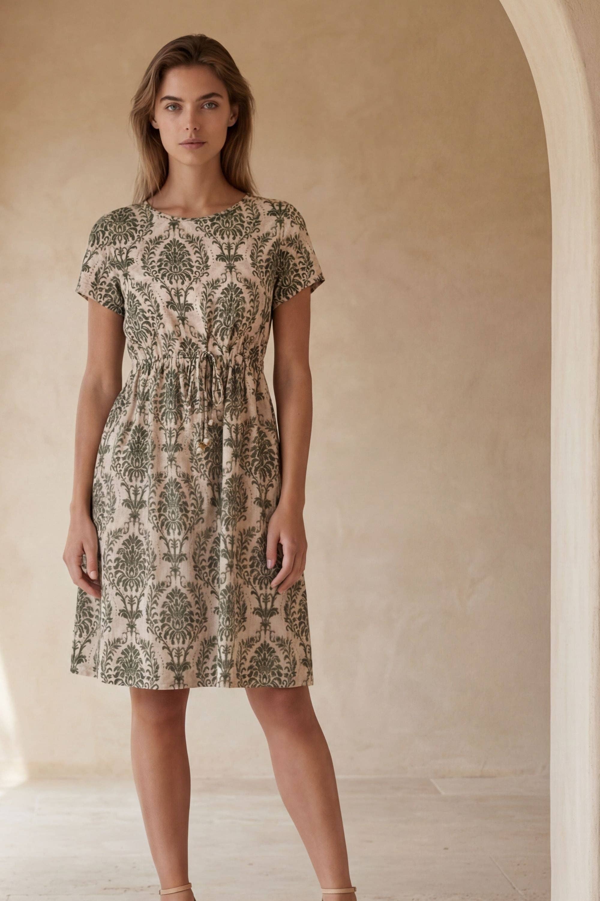 Celia Green Print Short Dress Tie Waist